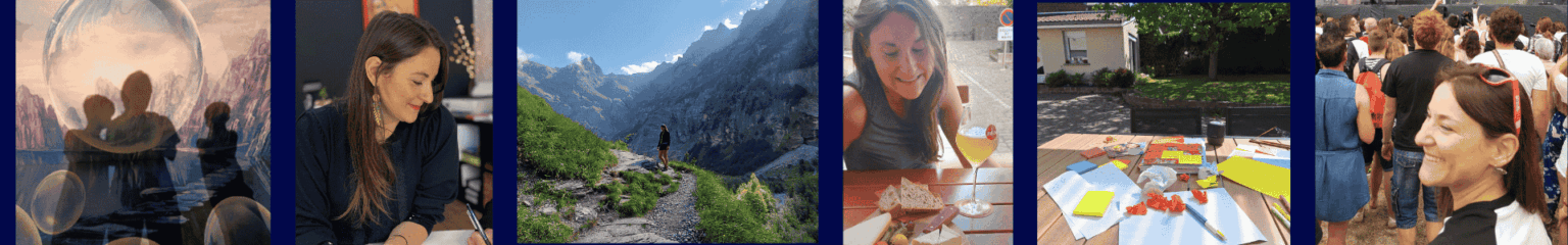 Montage photo présentant plusieurs portraits de Cindy, coach du Jardin de l'Audace dans divers contextes et poses, illustrant son identité et sa personnalité